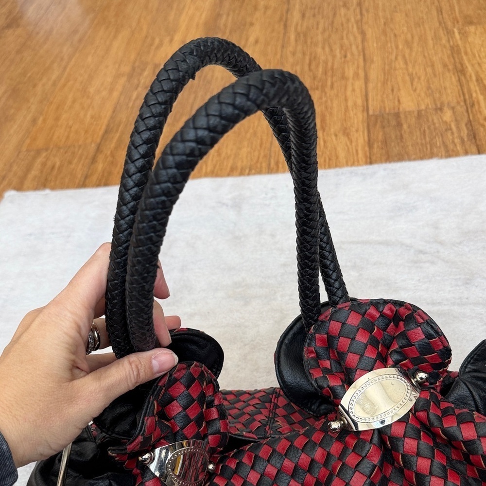 Zelli Woven Leather Satchel Bag | Red & Black | Designer Purse - Picture 9 of 10